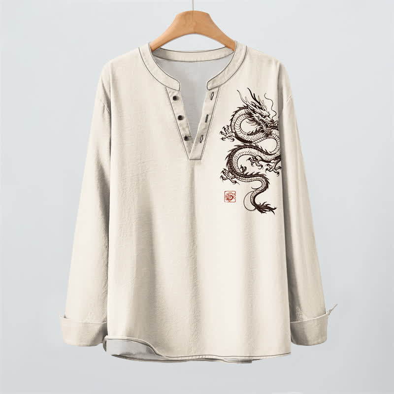 Buddha Stones Cotton Oriental Dragon Pattern V-Neck Buttons Men's Long Sleeve Shirts - image 2