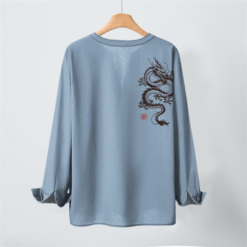 Buddha Stones Cotton Oriental Dragon Pattern V-Neck Buttons Men's Long Sleeve Shirts - image 17