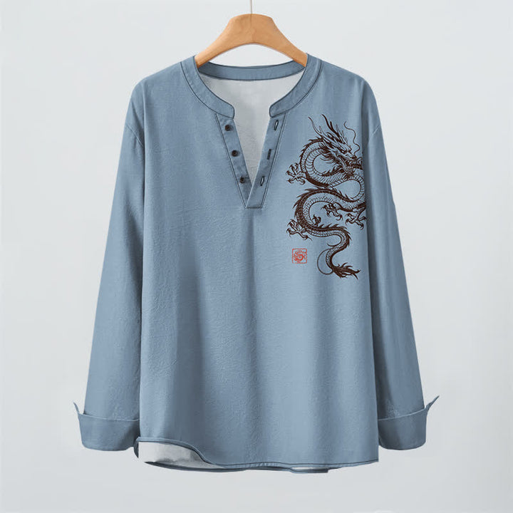 Buddha Stones Cotton Oriental Dragon Pattern V-Neck Buttons Men's Long Sleeve Shirts - image 16