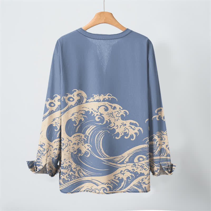 Buddha Stones Cotton Vintage Wave Cloud Pattern V-Neck Buttons Men's Long Sleeve Shirts - image 3