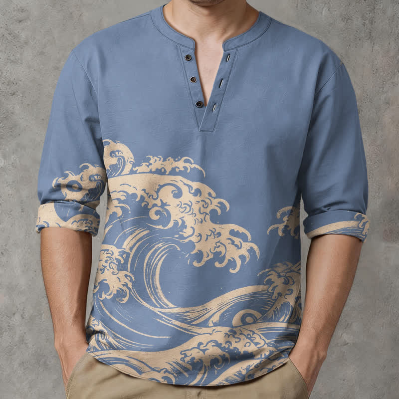 Buddha Stones Cotton Vintage Wave Cloud Pattern V-Neck Buttons Men's Long Sleeve Shirts - image 1
