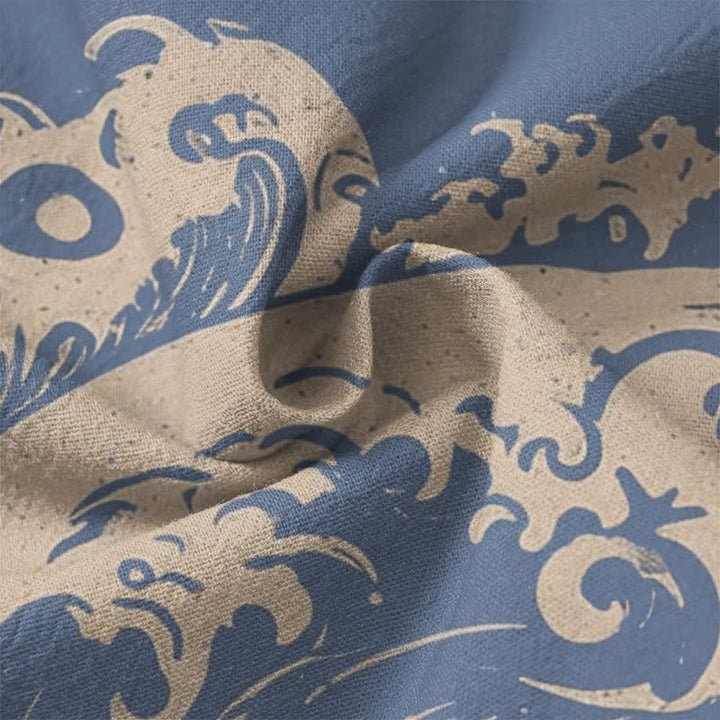 Buddha Stones Cotton Vintage Wave Cloud Pattern V-Neck Buttons Men's Long Sleeve Shirts - image 6