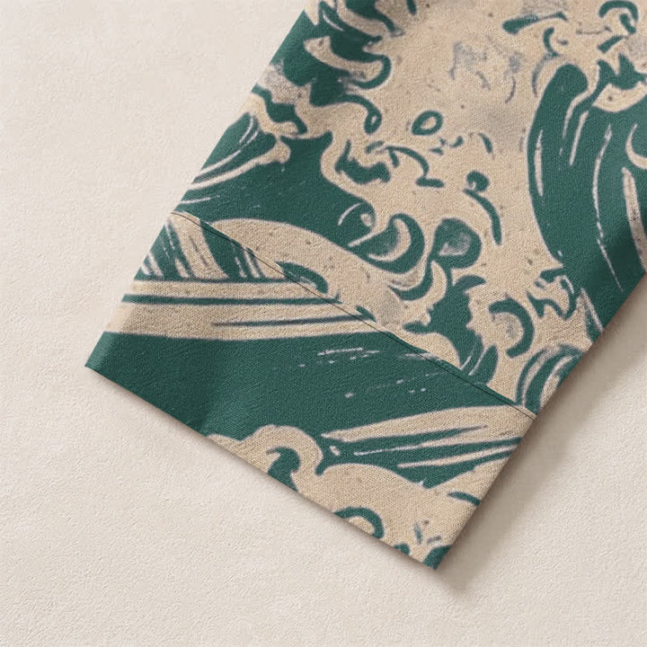 Buddha Stones Cotton Vintage Wave Cloud Pattern V-Neck Buttons Men's Long Sleeve Shirts - image 12