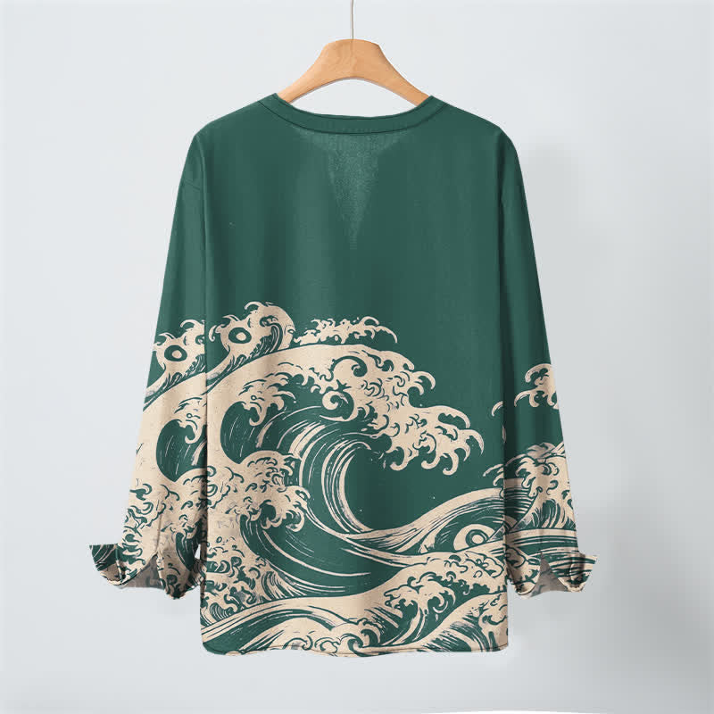 Buddha Stones Cotton Vintage Wave Cloud Pattern V-Neck Buttons Men's Long Sleeve Shirts - image 10