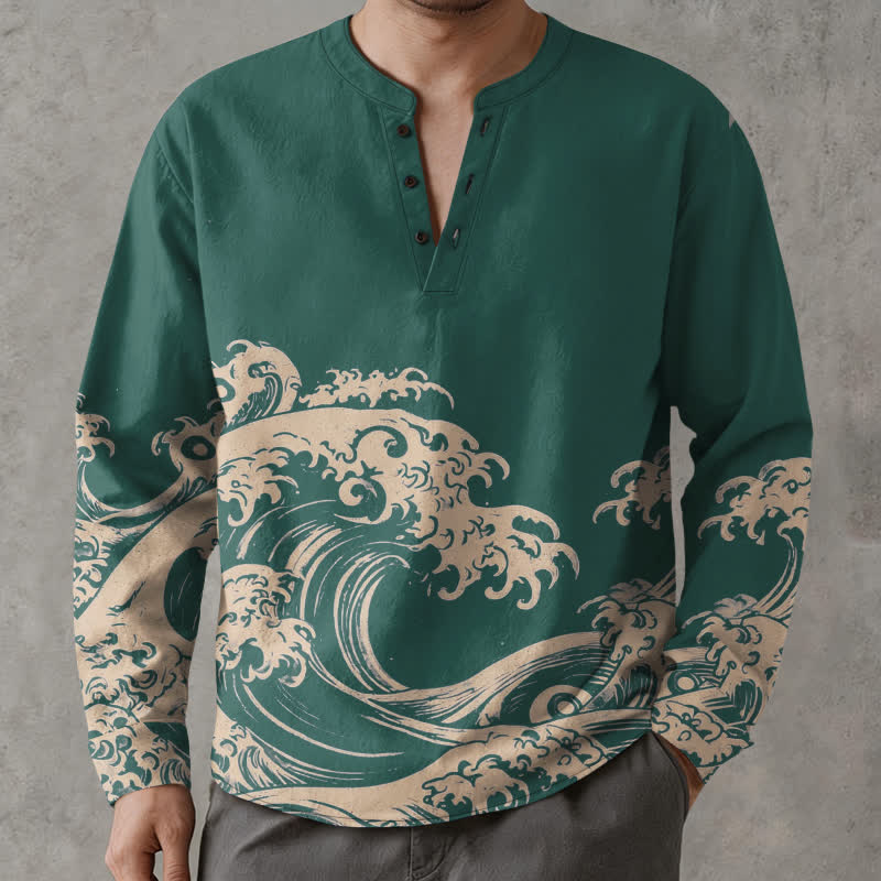 Buddha Stones Cotton Vintage Wave Cloud Pattern V-Neck Buttons Men's Long Sleeve Shirts - SeaGreen - US/UK/AU48，EU58 (4XL) - image 7