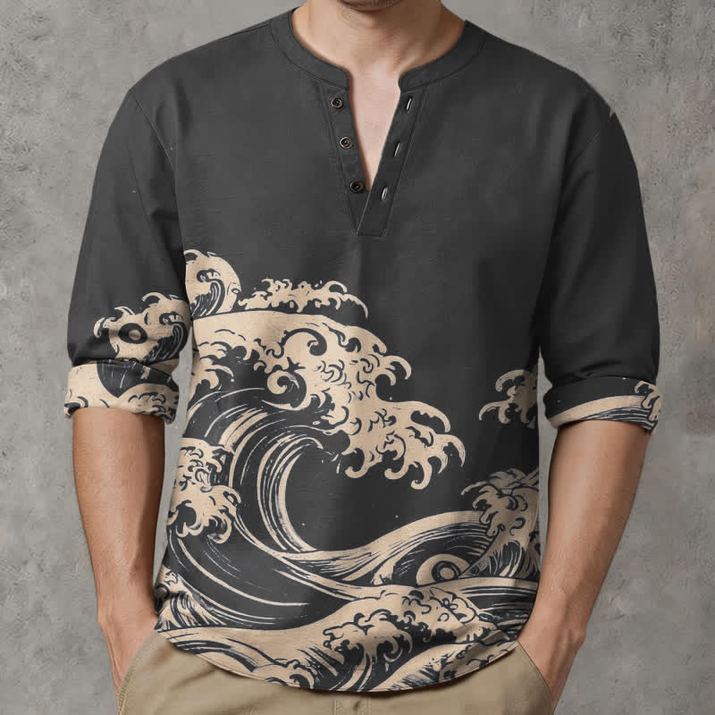Buddha Stones Cotton Vintage Wave Cloud Pattern V-Neck Buttons Men's Long Sleeve Shirts - image 15
