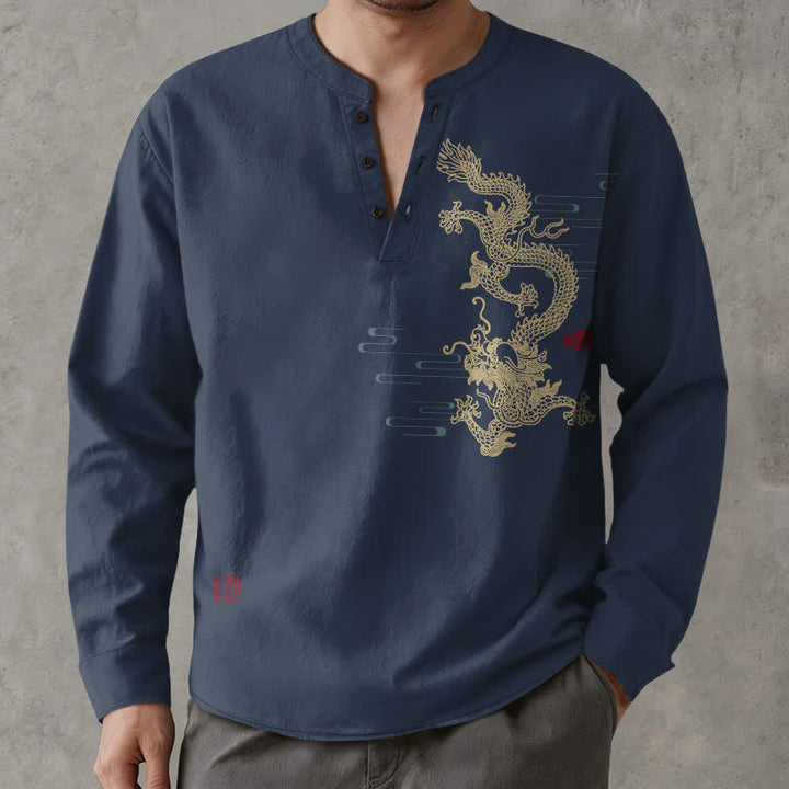 Buddha Stones Cotton Golden Dragon Cloud Pattern V Neck Buttons Men's Long Sleeve Shirts - image 1