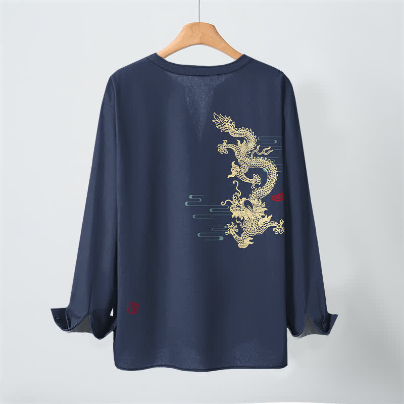 Buddha Stones Cotton Golden Dragon Cloud Pattern V Neck Buttons Men's Long Sleeve Shirts - image 3