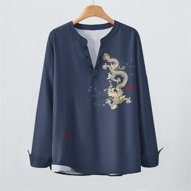 Buddha Stones Cotton Golden Dragon Cloud Pattern V Neck Buttons Men's Long Sleeve Shirts - image 2