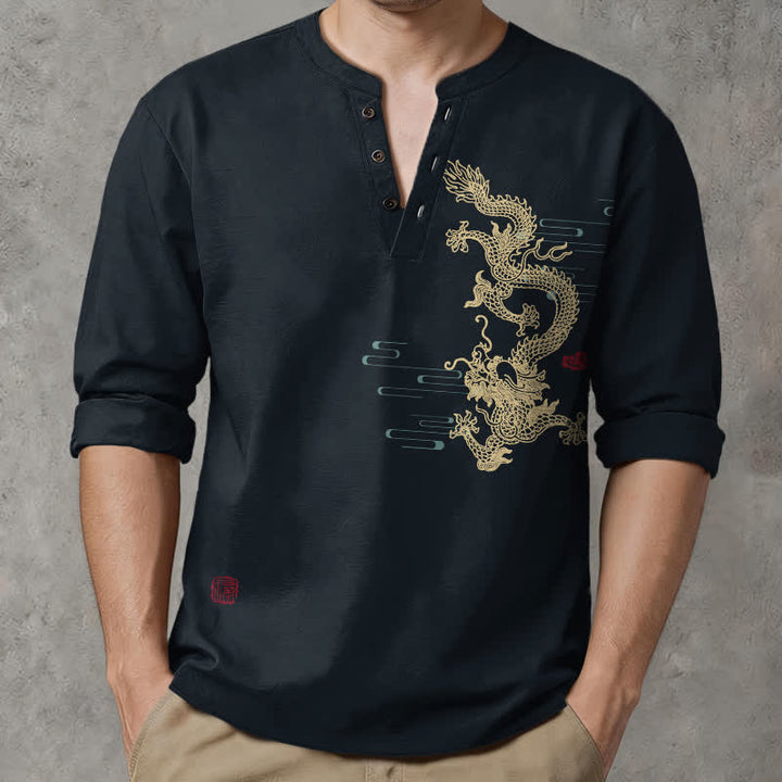 Buddha Stones Cotton Golden Dragon Cloud Pattern V Neck Buttons Men's Long Sleeve Shirts - Black - US/UK/AU48，EU58 (4XL) - image 7