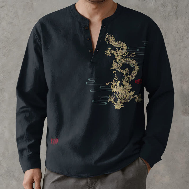 Buddha Stones Cotton Golden Dragon Cloud Pattern V Neck Buttons Men's Long Sleeve Shirts - image 8