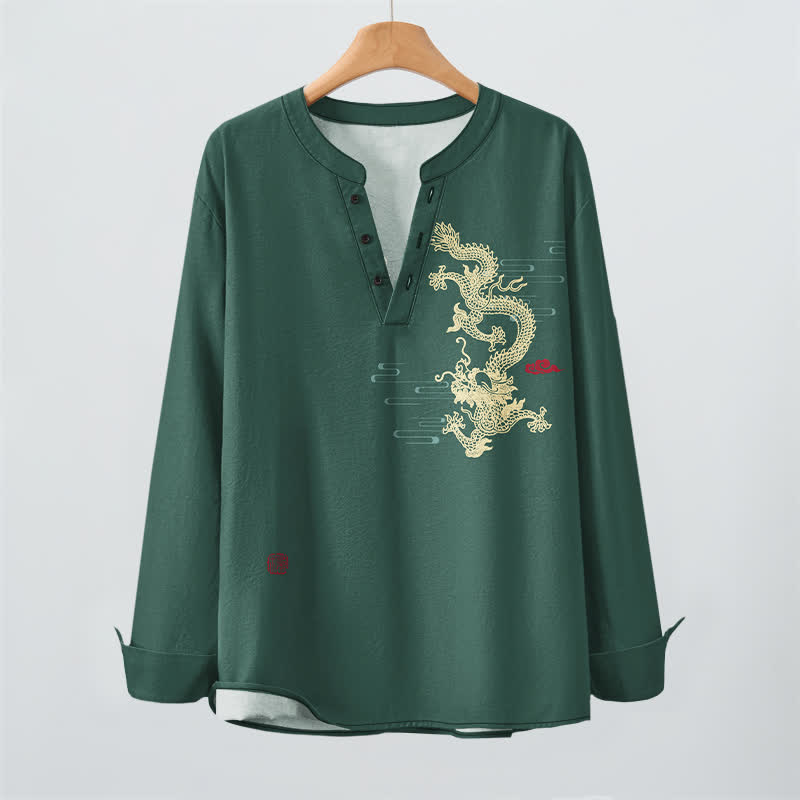 Buddha Stones Cotton Golden Dragon Cloud Pattern V Neck Buttons Men's Long Sleeve Shirts - image 16