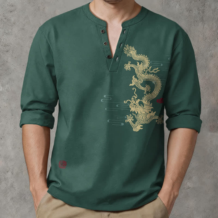 Buddha Stones Cotton Golden Dragon Cloud Pattern V Neck Buttons Men's Long Sleeve Shirts - DarkGreen - US/UK/AU48，EU58 (4XL) - image 14