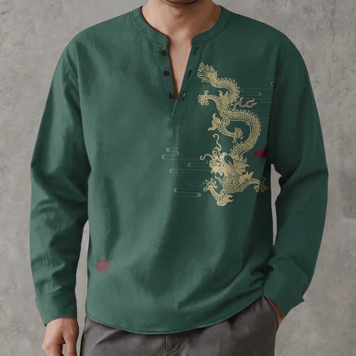 Buddha Stones Cotton Golden Dragon Cloud Pattern V Neck Buttons Men's Long Sleeve Shirts - image 15