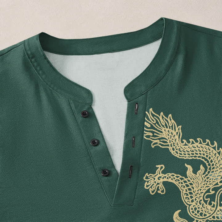 Buddha Stones Cotton Golden Dragon Cloud Pattern V Neck Buttons Men's Long Sleeve Shirts - image 18