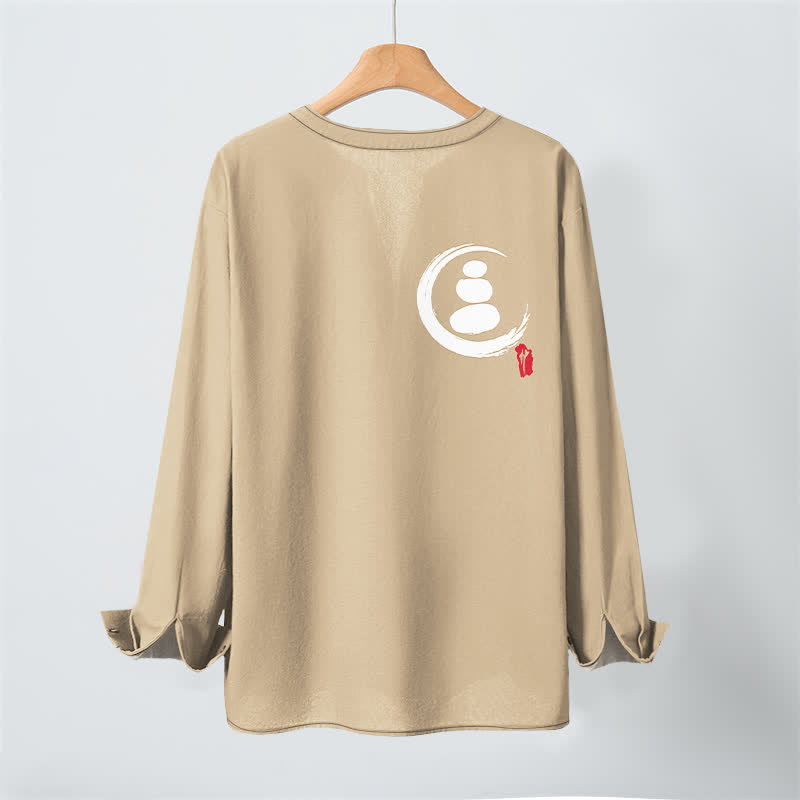 Buddha Stones Cotton Minimal Zen Symbol Pattern V-Neck Buttons Men's Long Sleeve Shirts - image 3