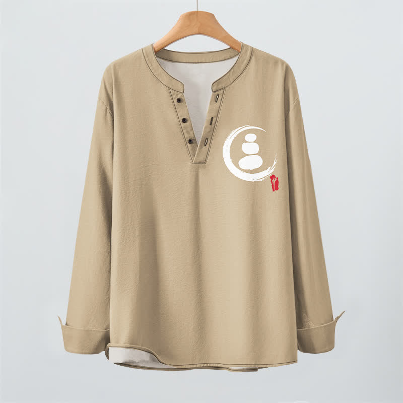 Buddha Stones Cotton Minimal Zen Symbol Pattern V-Neck Buttons Men's Long Sleeve Shirts - image 2
