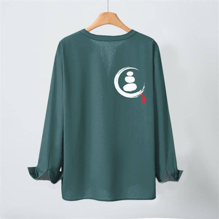 Buddha Stones Cotton Minimal Zen Symbol Pattern V-Neck Buttons Men's Long Sleeve Shirts - image 10
