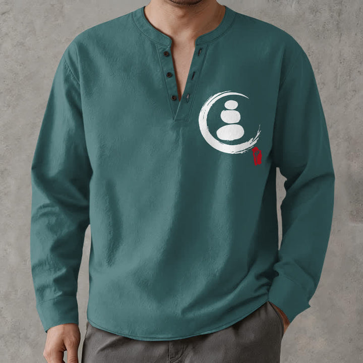 Buddha Stones Cotton Minimal Zen Symbol Pattern V-Neck Buttons Men's Long Sleeve Shirts - image 8