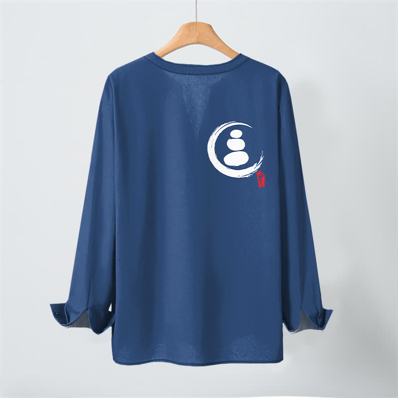 Buddha Stones Cotton Minimal Zen Symbol Pattern V-Neck Buttons Men's Long Sleeve Shirts - image 17