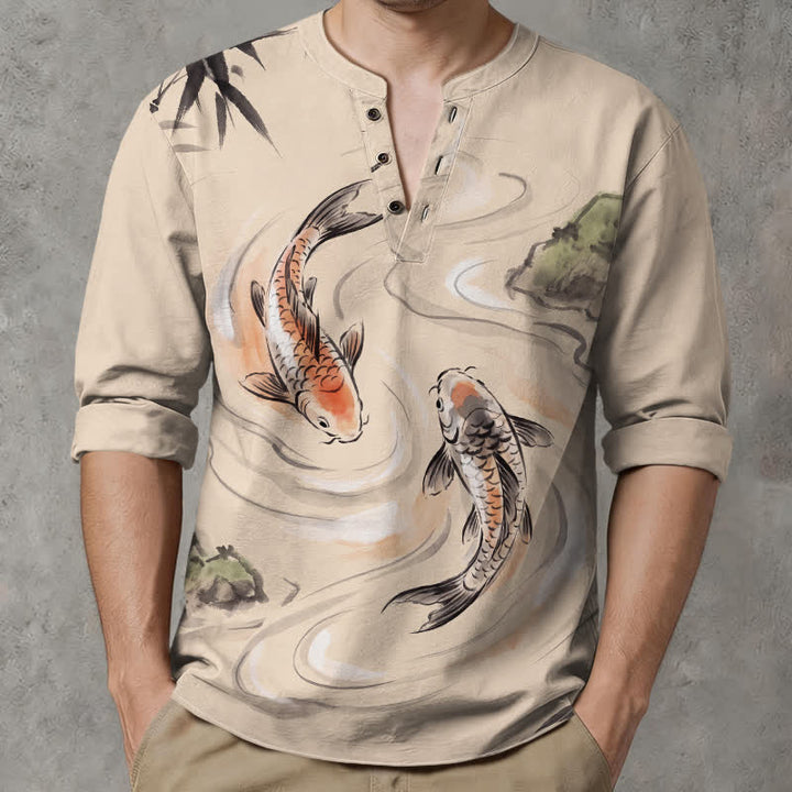 Buddha Stones Cotton Koi Lotus Ink Pattern V-Neck Buttons Men's Long Sleeve Shirts - image 1