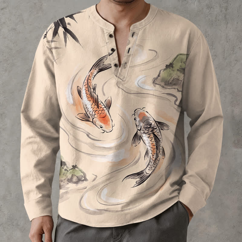 Buddha Stones Cotton Koi Lotus Ink Pattern V-Neck Buttons Men's Long Sleeve Shirts - Beige - US/UK/AU48，EU58 (4XL) - image 0