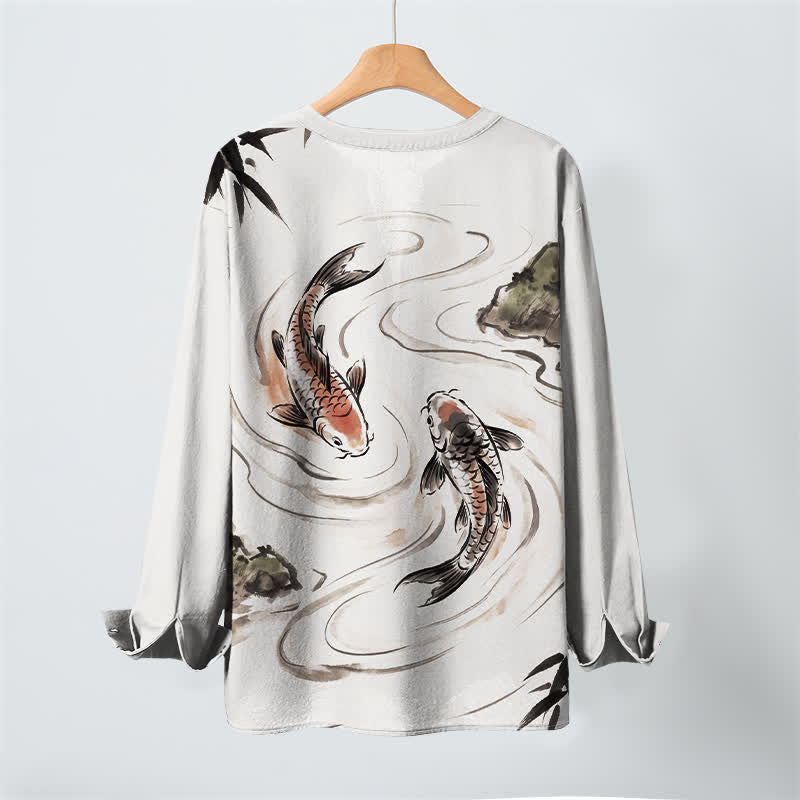 Buddha Stones Cotton Koi Lotus Ink Pattern V-Neck Buttons Men's Long Sleeve Shirts - image 10