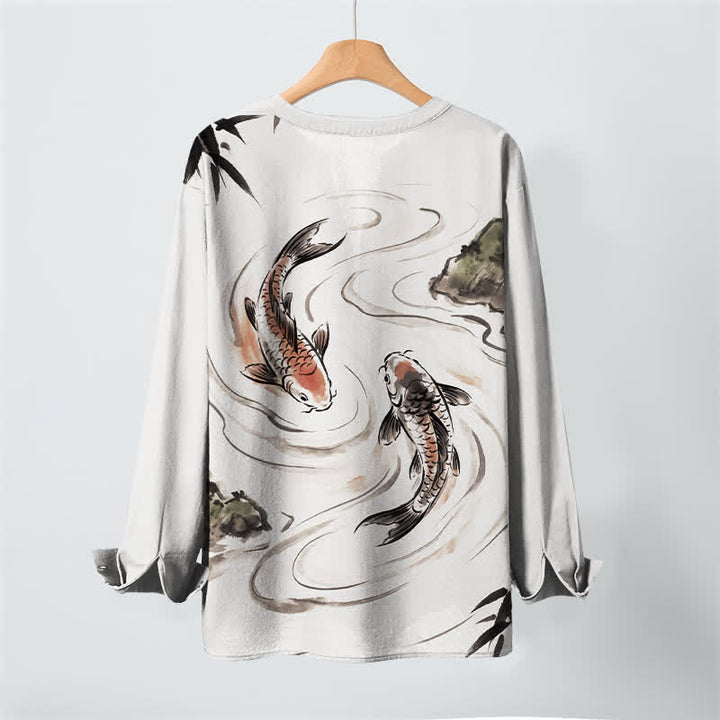 Buddha Stones Cotton Koi Lotus Ink Pattern V-Neck Buttons Men's Long Sleeve Shirts - image 10