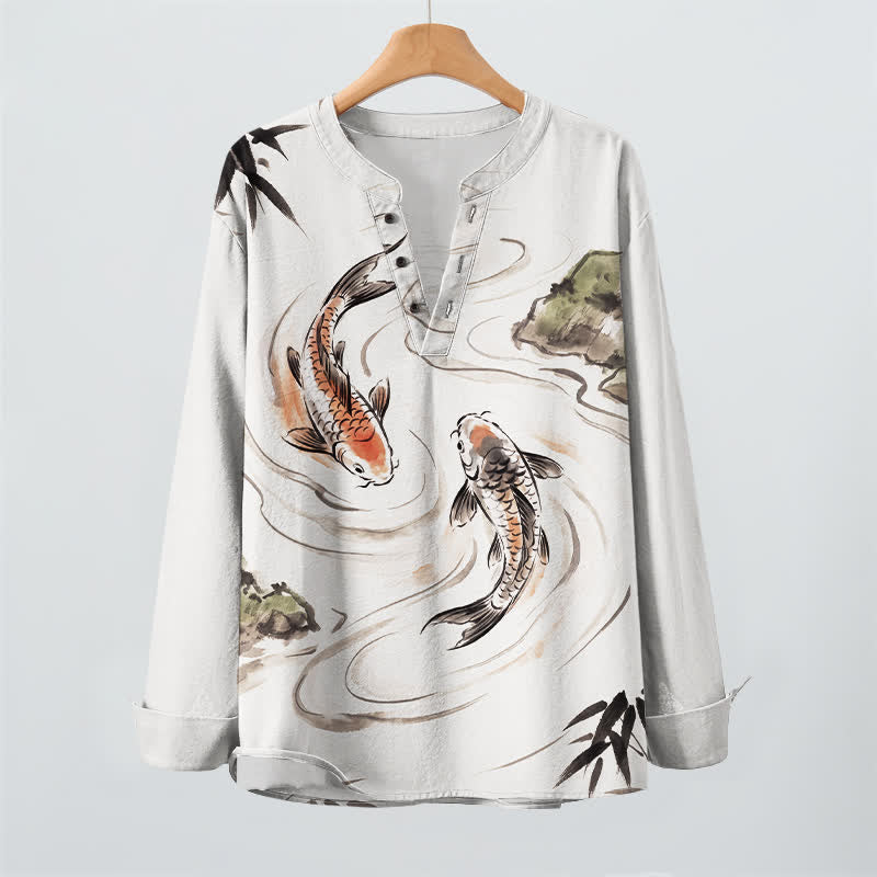 Buddha Stones Cotton Koi Lotus Ink Pattern V-Neck Buttons Men's Long Sleeve Shirts - image 9
