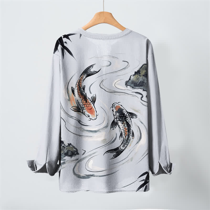 Buddha Stones Cotton Koi Lotus Ink Pattern V-Neck Buttons Men's Long Sleeve Shirts - image 17