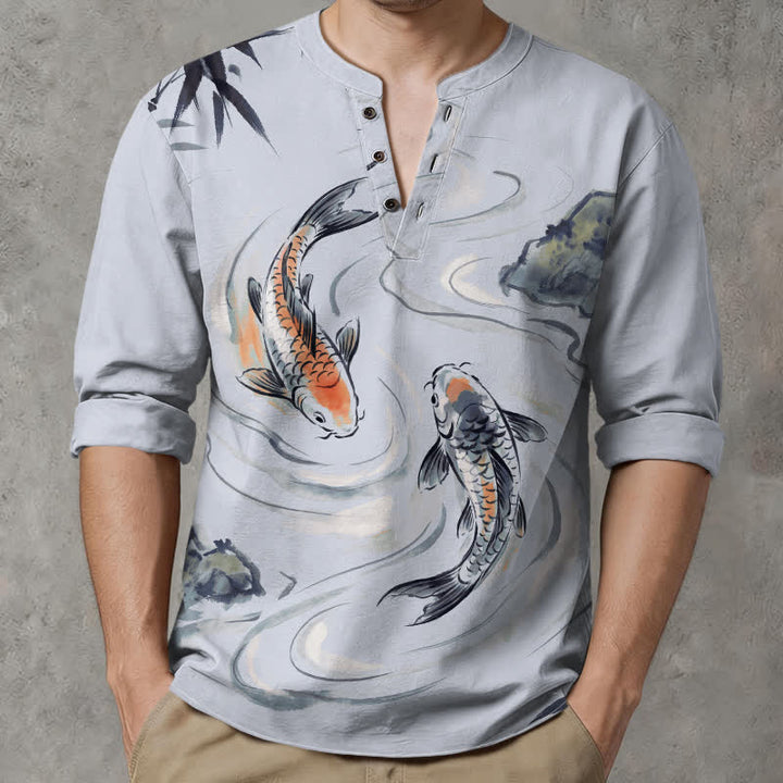 Buddha Stones Cotton Koi Lotus Ink Pattern V-Neck Buttons Men's Long Sleeve Shirts - image 15