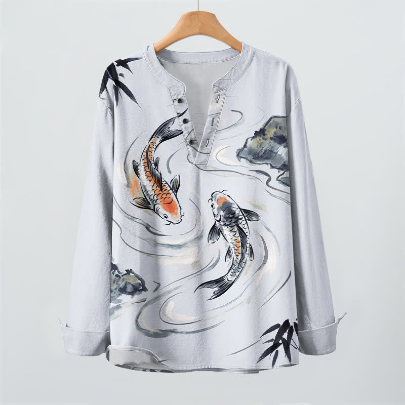 Buddha Stones Cotton Koi Lotus Ink Pattern V-Neck Buttons Men's Long Sleeve Shirts - image 16