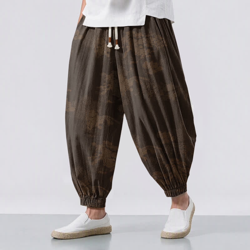 Buddha Stones Pure Cotton Vintage Shadow Stripe Pattern Drawstring Men's Harem Pants With Pockets - SaddleBrown - US/UK/AU50，EU60 (5XL) - image 0