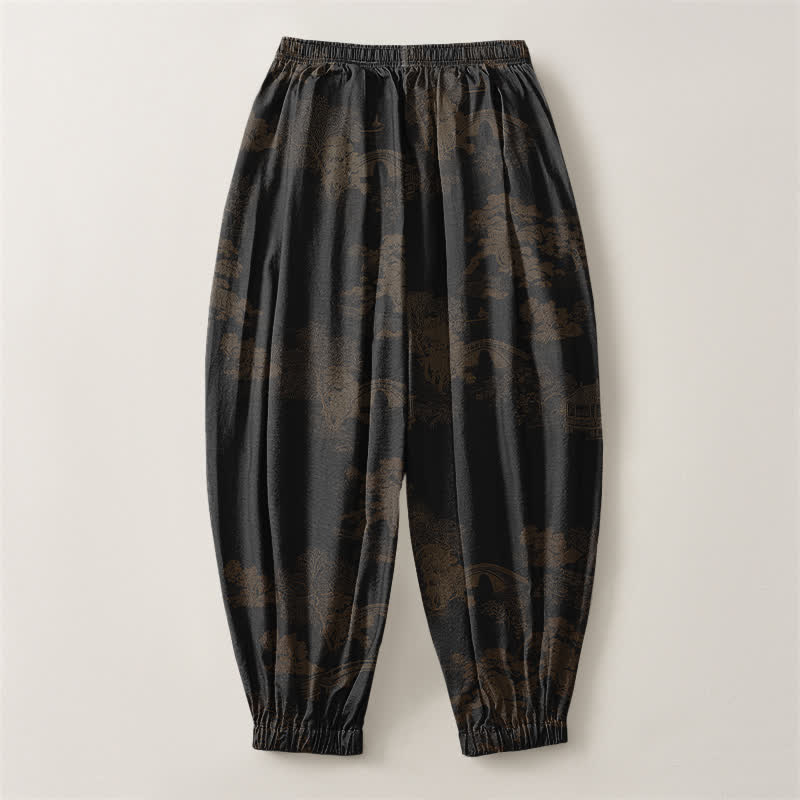 Buddha Stones Pure Cotton Vintage Shadow Stripe Pattern Drawstring Men's Harem Pants With Pockets - image 14
