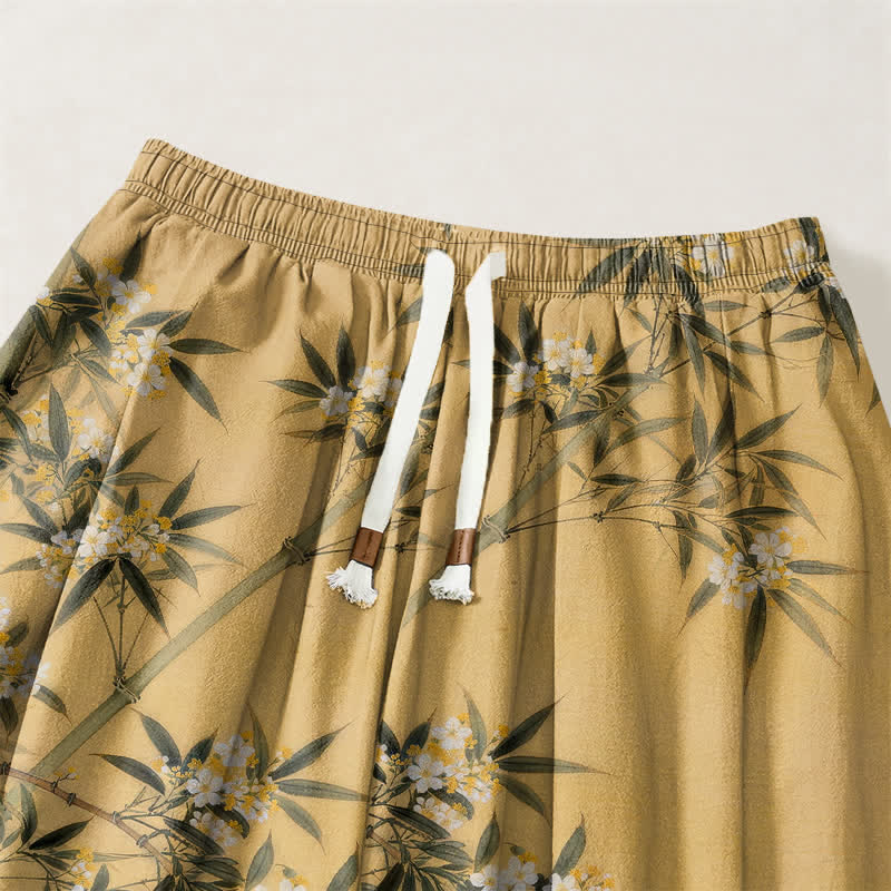 Buddha Stones Pure Cotton Crane Bamboo Blossom Pattern Drawstring Men's Harem Pants With Pockets - image 3