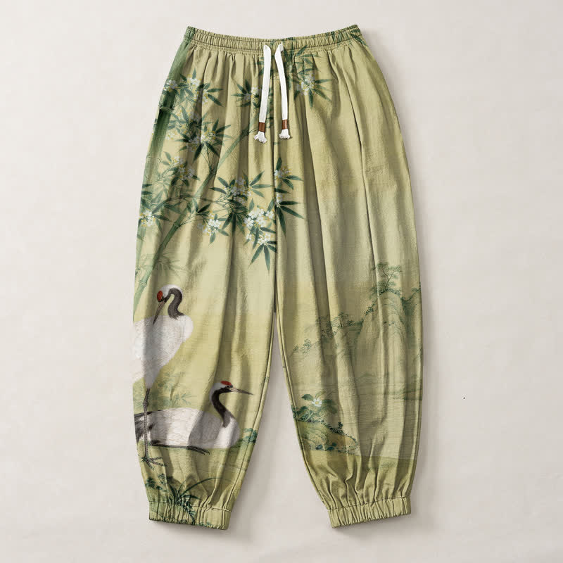 Buddha Stones Pure Cotton Crane Bamboo Blossom Pattern Drawstring Men's Harem Pants With Pockets - image 7