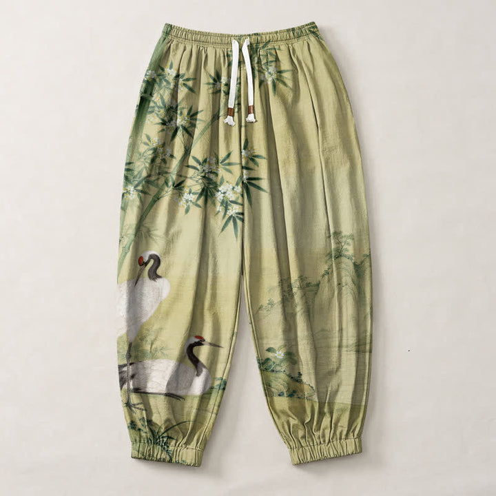 Buddha Stones Pure Cotton Crane Bamboo Blossom Pattern Drawstring Men's Harem Pants With Pockets - image 7