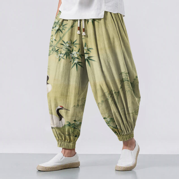 Buddha Stones Pure Cotton Crane Bamboo Blossom Pattern Drawstring Men's Harem Pants With Pockets - GreenYellow - US/UK/AU50，EU60 (5XL) - image 6