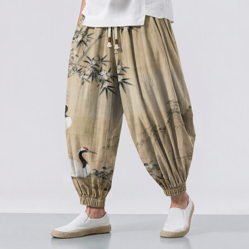 Buddha Stones Pure Cotton Crane Bamboo Blossom Pattern Drawstring Men's Harem Pants With Pockets - PaleGoldenrod - US/UK/AU50，EU60 (5XL) - image 12