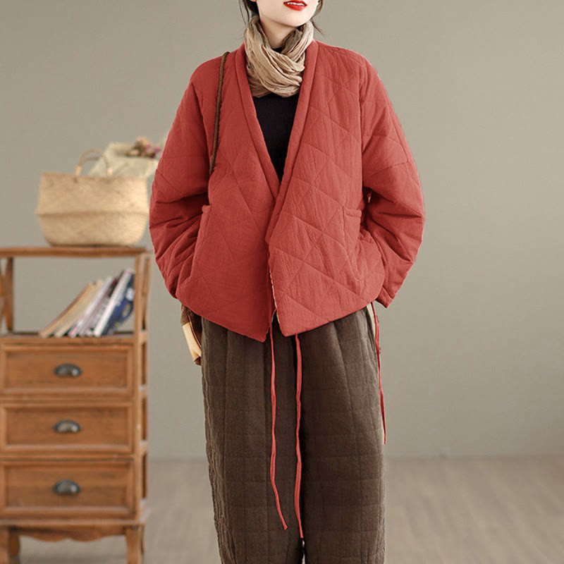 Buddha Stones Fall Winter Casual Minimalist Quilted Design Drawstring Solid Cropped Women's Kimono With Pockets - image 2