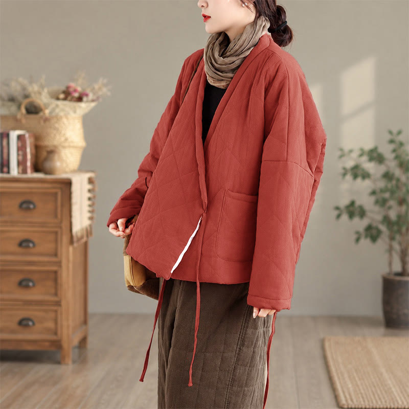 Buddha Stones Fall Winter Casual Minimalist Quilted Design Drawstring Solid Cropped Women's Kimono With Pockets - image 3