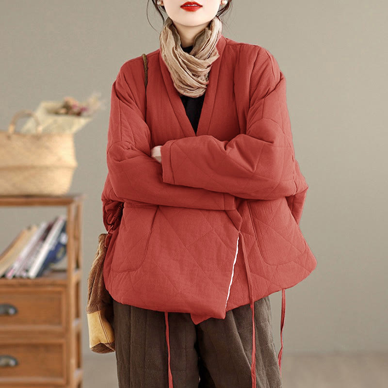 Buddha Stones Fall Winter Casual Minimalist Quilted Design Drawstring Solid Cropped Women's Kimono With Pockets - image 1