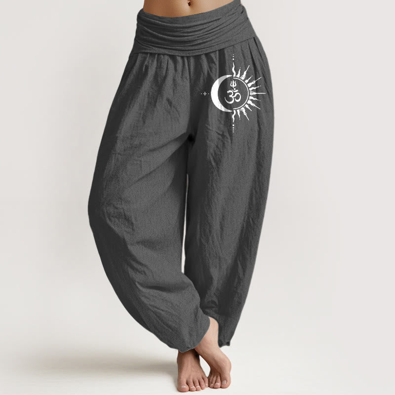 Buddha Stones Pure Cotton Boho Om Circle Pattern Women's Elastic Waist Harem Pants - DimGray - US16，UK/AU20，EU48 (3XL) - image 0