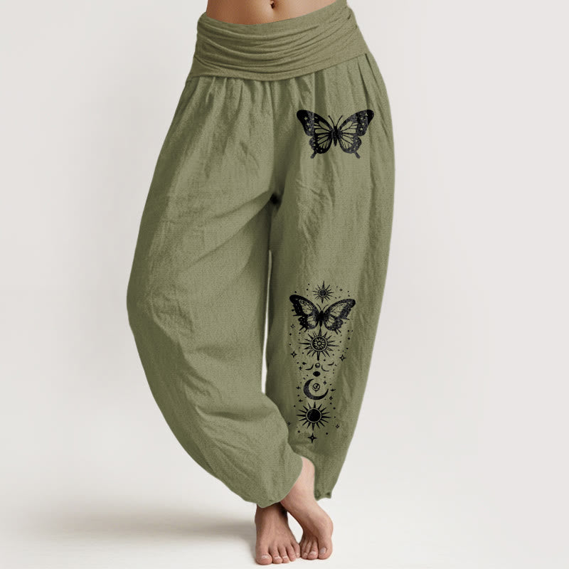 Buddha Stones Pure Cotton Moon Star Butterfly Pattern Women's Elastic Waist Harem Pants - OliveDrab - US16，UK/AU20，EU48 (3XL) - image 11