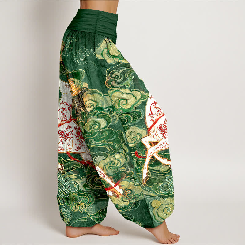 Buddha Stones Cotton Ornate Auspicious Cloud Chinese Knot Pattern Women's Elastic Waist Harem Pants - image 7