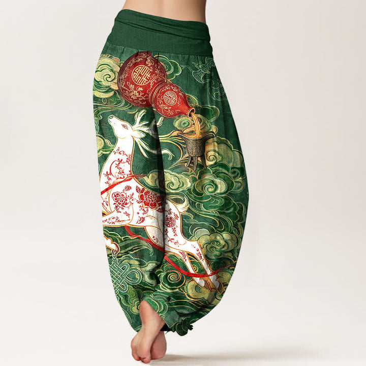 Buddha Stones Cotton Ornate Auspicious Cloud Chinese Knot Pattern Women's Elastic Waist Harem Pants - image 6