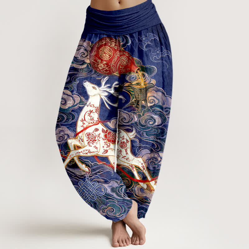 Buddha Stones Cotton Ornate Auspicious Cloud Chinese Knot Pattern Women's Elastic Waist Harem Pants - Navy - US16，UK/AU20，EU48 (3XL) - image 8