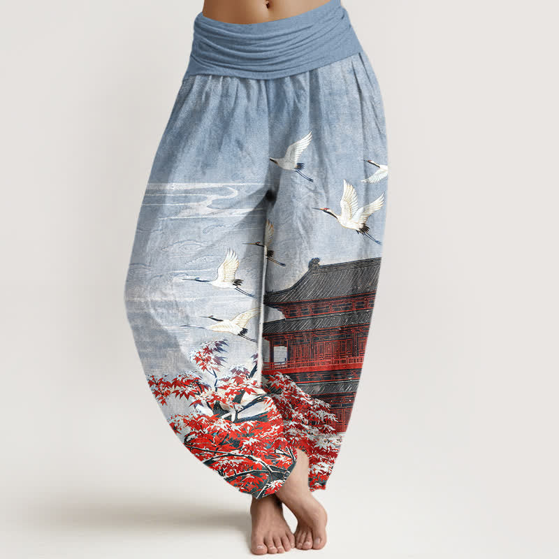 Buddha Stones Cotton Scenic Pavilion Bird Pattern Women's Elastic Waist Harem Pants - LightSteelBlue - US16，UK/AU20，EU48 (3XL) - image 0