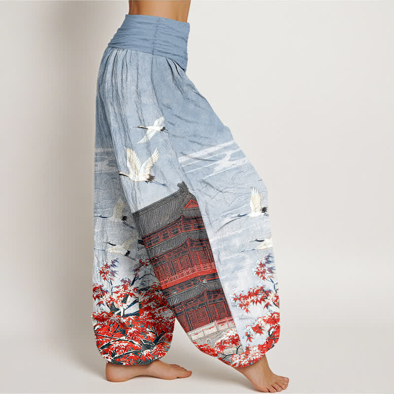 Buddha Stones Cotton Scenic Pavilion Bird Pattern Women's Elastic Waist Harem Pants - image 2