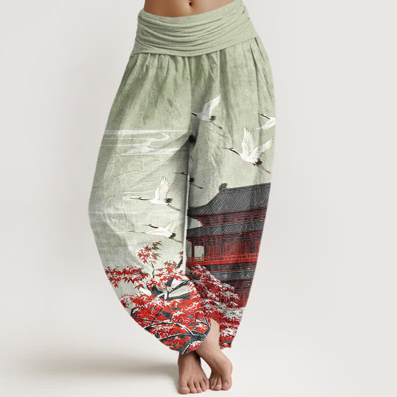Buddha Stones Cotton Scenic Pavilion Bird Pattern Women's Elastic Waist Harem Pants - DarkSeaGreen - US16，UK/AU20，EU48 (3XL) - image 5
